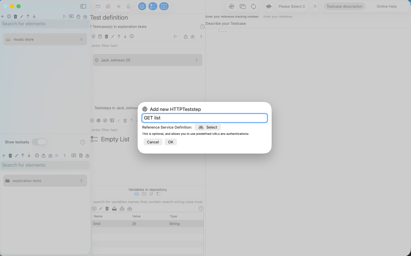 HTTP Teststep creation dialog with optional selection of a Service definition
