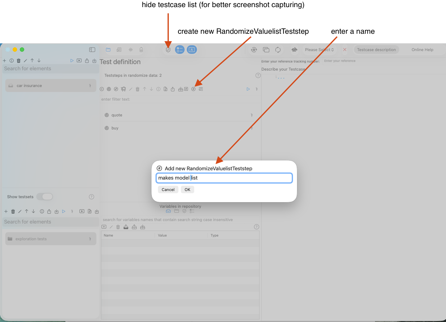 Screenshot to create a new RandomizeValuelist Teststep