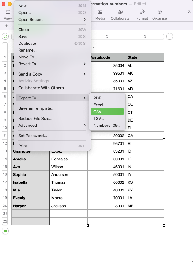 File - Export- Menu for Numbers