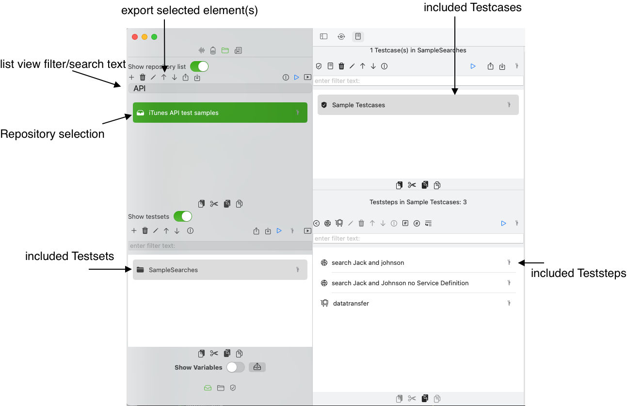 Screenshot Testcase selection with three teststeps and button to export