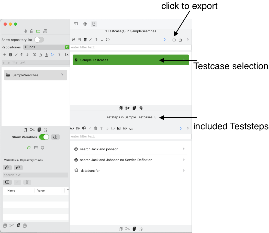 Screenshot testcase selection with three teststeps and button to export