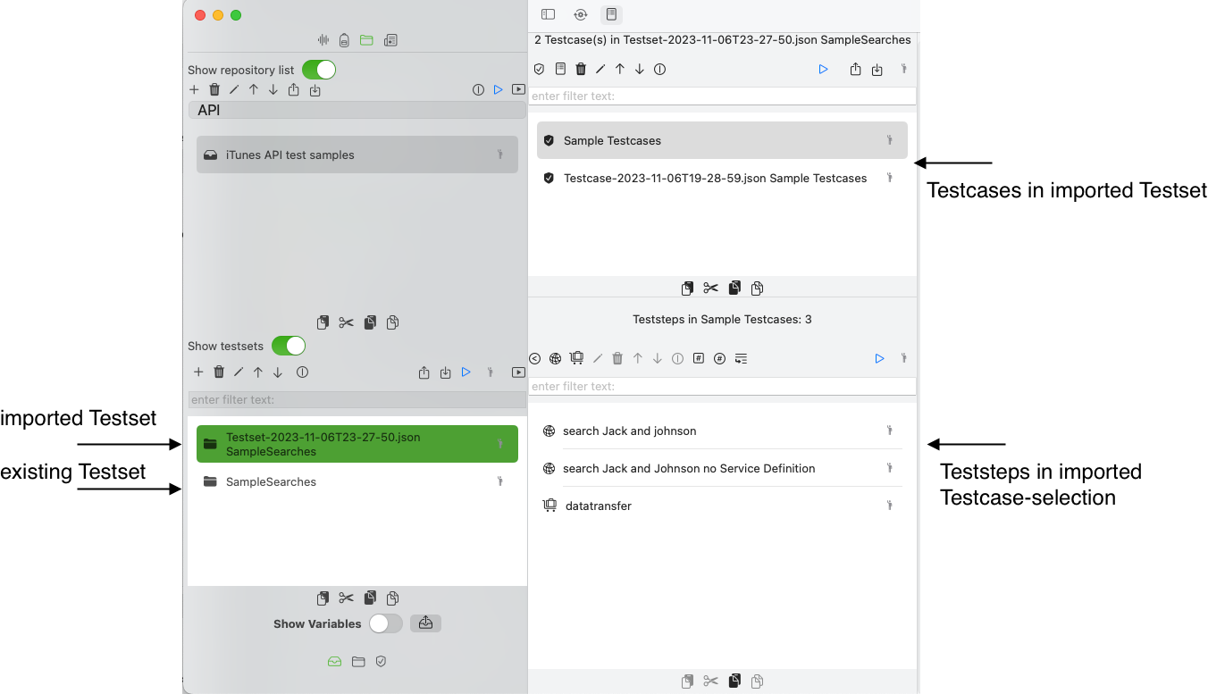 screenshot with imported testsets